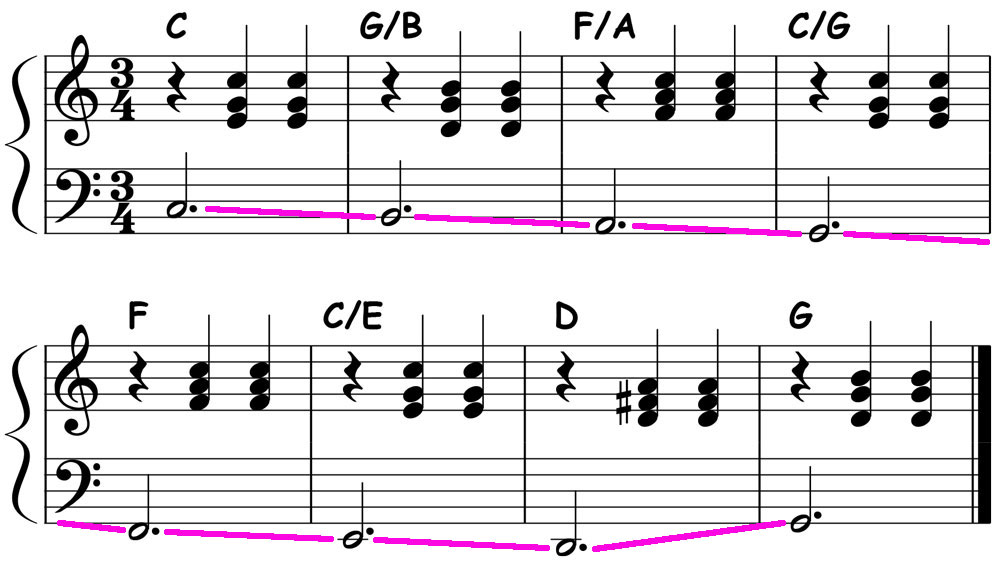 music notation showing an 8 bar chord progression with voice leading in the bass line