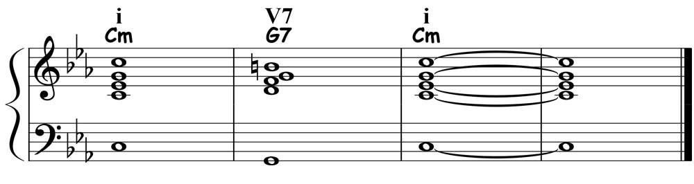 music notation for the minor 1 5 1 chord progression in the key of c minor