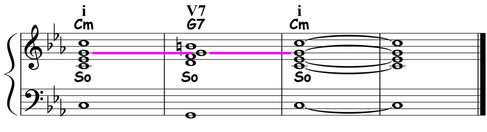 music notation for minor 1-5-1 chord progression showing so-so-so voice