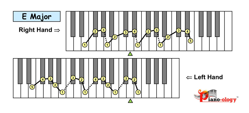 piano keyboard showing the e major scale fingering