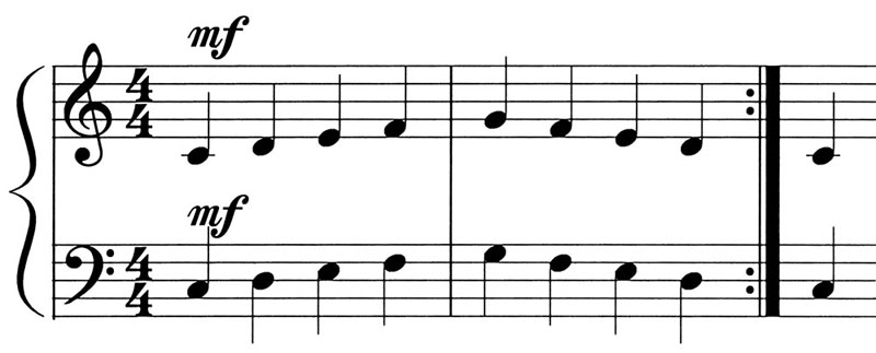 music notation for the five note scale c d e f g going up and down