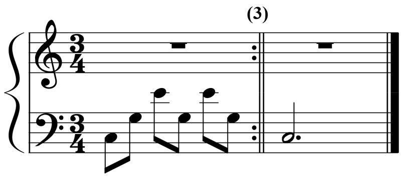 piano music notation for a c major triad played in the left hand in a 1-5-10 pattern