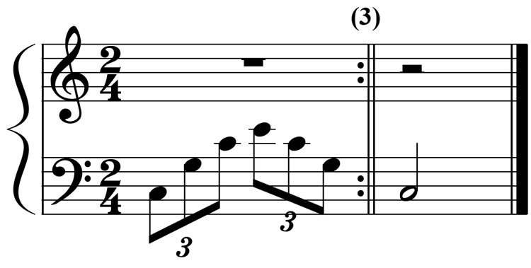 piano music notation for a c major triad played as a left hand arpeggio in a 1-5-8-10 pattern