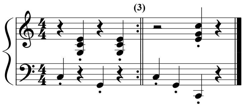 piano music notation for a c major triad played in an oom-pah oom-pah pattern