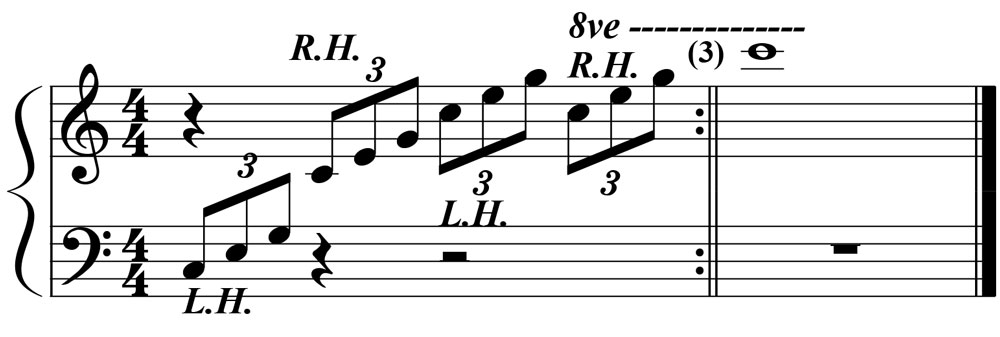 piano music notation for a c major triad played as two-handed triplet arpeggios