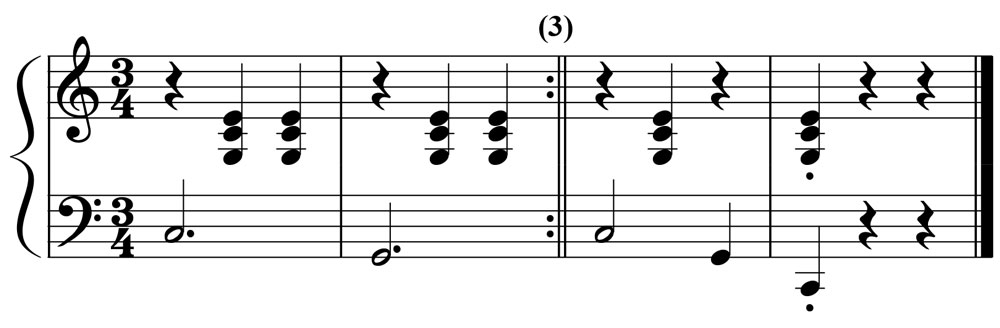 piano music notation for a c major triad played as a waltz
