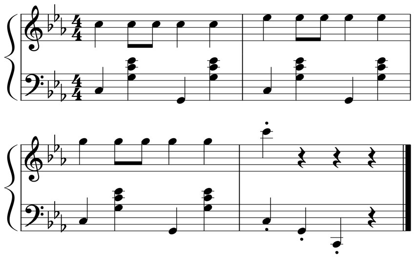 piano music notation for a c minor triad played as a stride left hand
