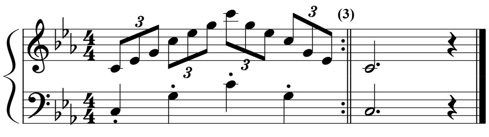 piano music notation for a c minor triad played as a triplet arpeggio in two octaves