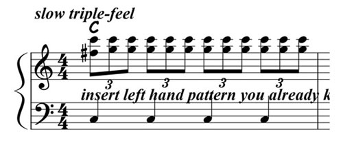 music notation for blues piano lick 010