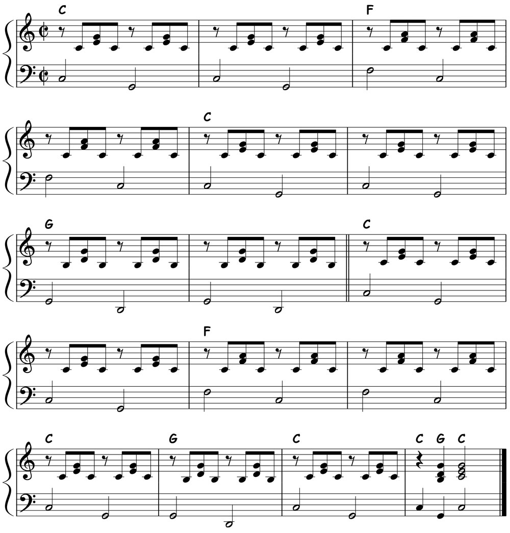 music score for a country piano two step comping pattern