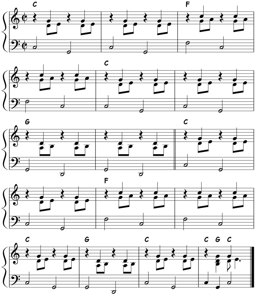 music score for a country piano two step comping pattern
