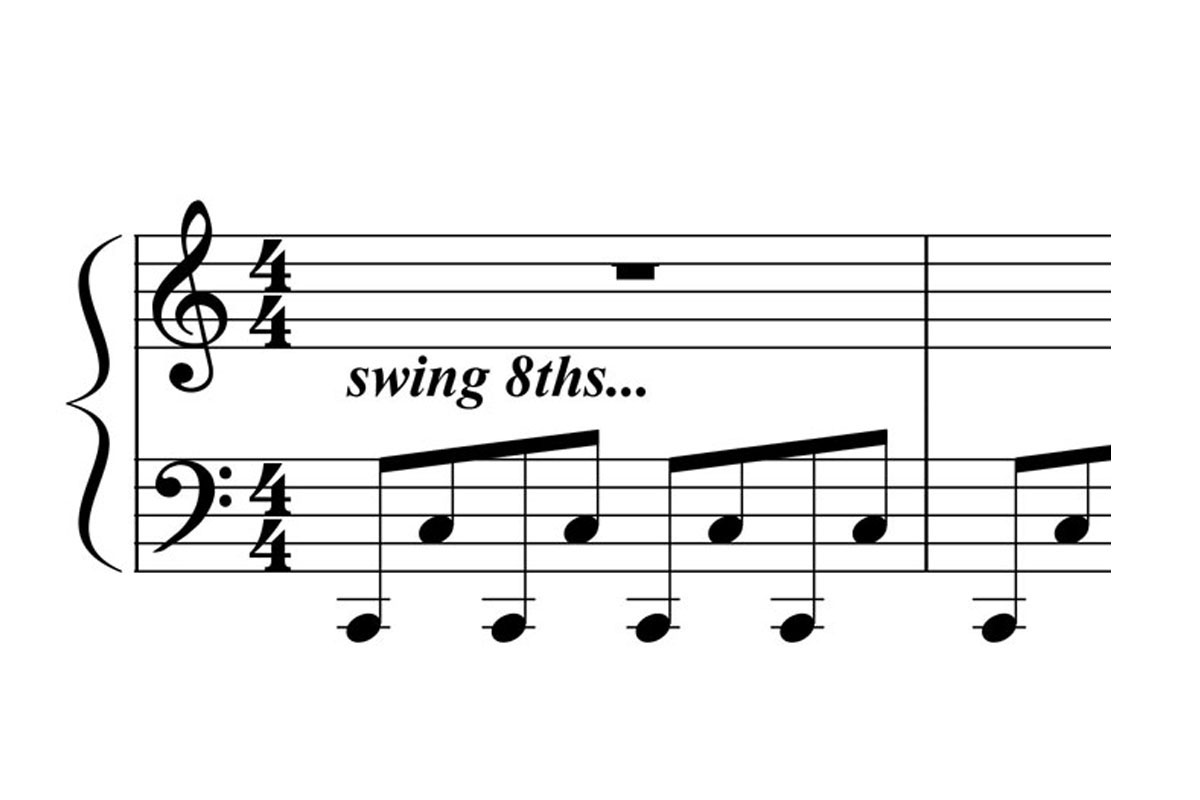 music notation for a gospel piano rocking octave bass line