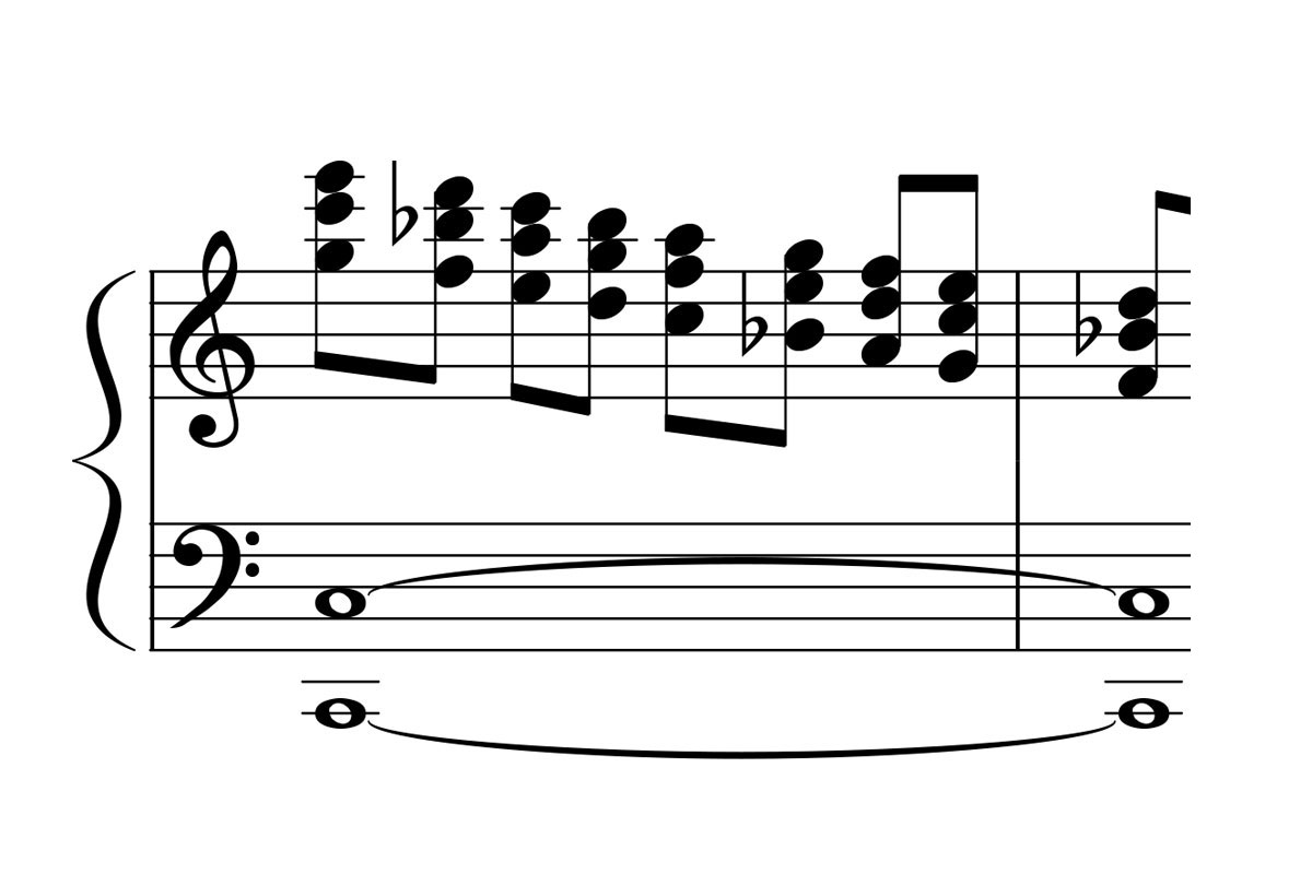 music notation for a gospel piano lick using mixolydian triads