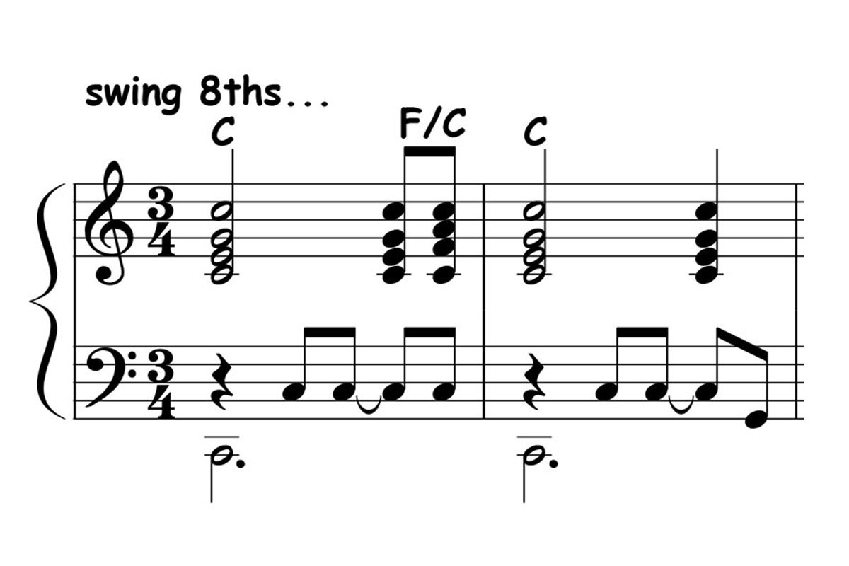 music notation for a c major triad and f neighbor chord