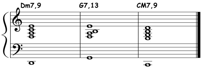 piano music notation showing major 2 5 1 chord voicings in c