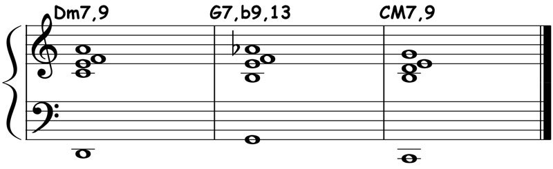 piano music notation showing major 2 5 1 chord voicings in c