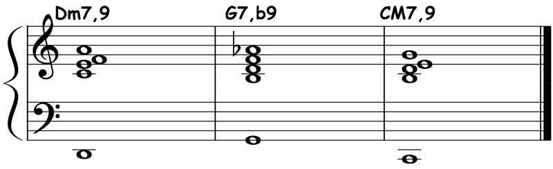 piano music notation showing major 2 5 1 chord voicings in c