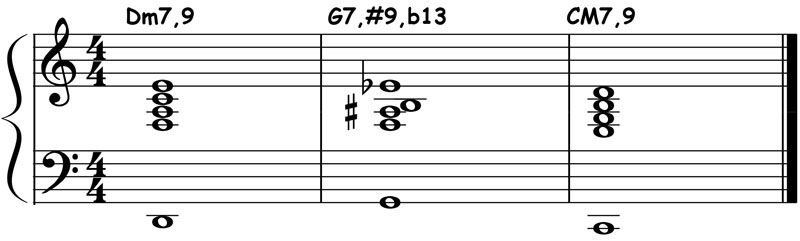 piano music notation showing major 2 5 1 chord voicings in c