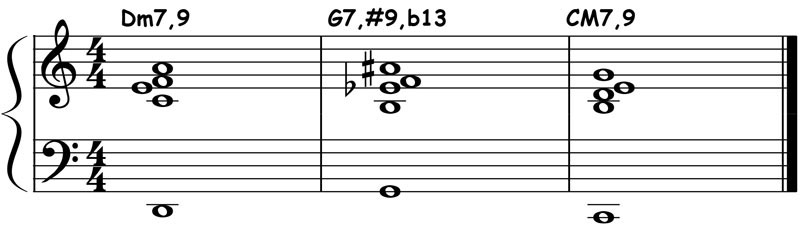 piano music notation showing major 2 5 1 chord voicings in c