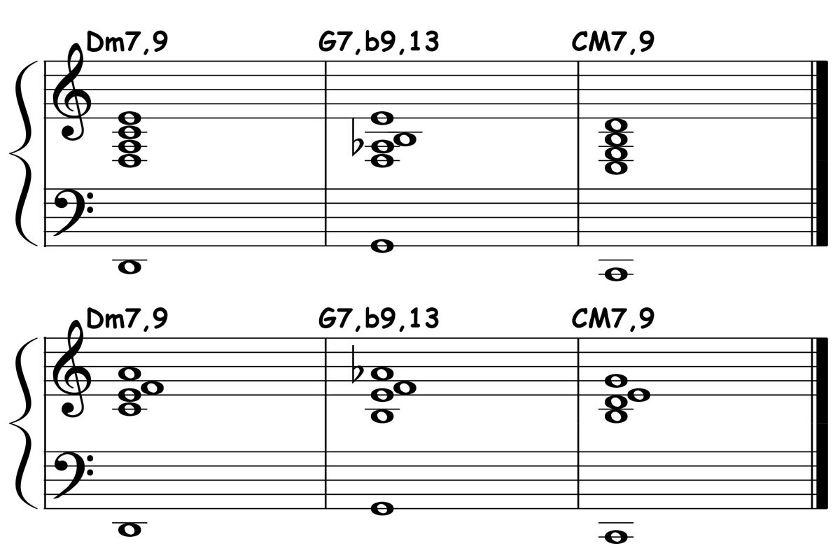 music notation for a major 2 5 1 chord progression