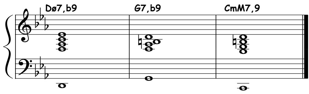 piano music score showing a minor 2 5 1 chord voicing in the key of c minor