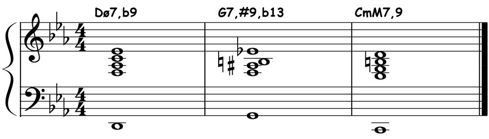 piano music score showing a minor 2 5 1 chord voicing in the key of c minor