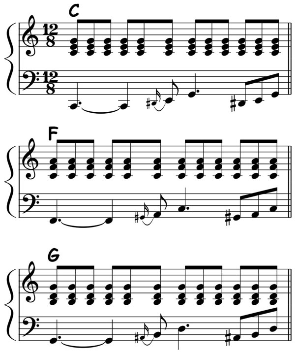 music score for a fifties piano comping style