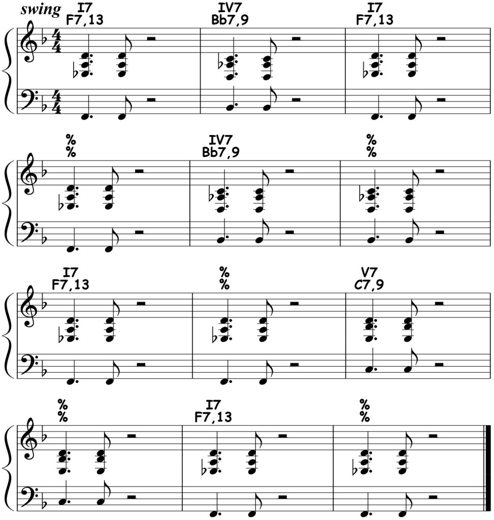 music notation showing a major 12 bar blues comping pattern