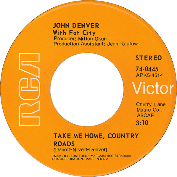 45 rpm record label for take me home country roads