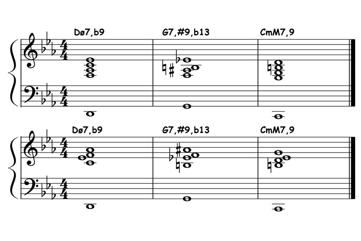 music notation for minor 2-5-1 chord progression chord voicings