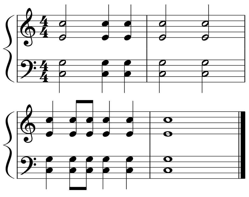 music notation for a c major triad in four-part harmony
