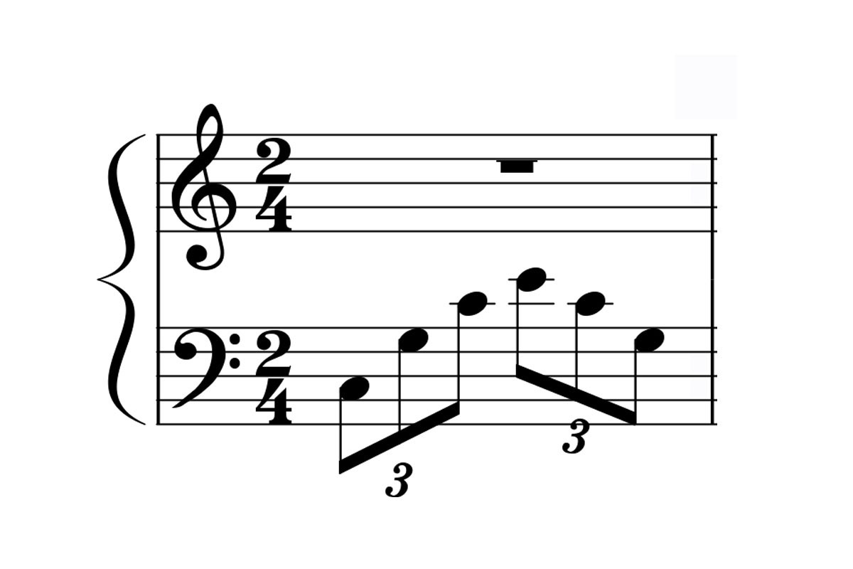 music notation for a c major triad played in the left hand in a 1-5-8-10 pattern
