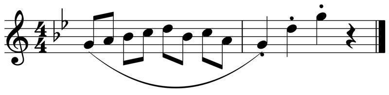 music notation for a mixed legato and staccato phrase