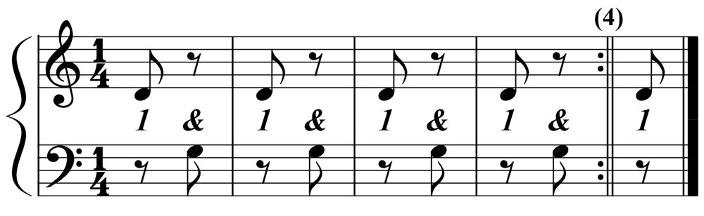 music notation showing the right hand plays the downbeats and left hand plays the upbeats