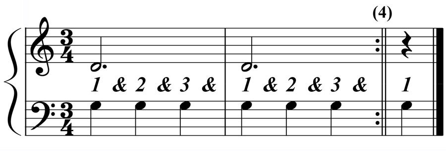 music notation showing quarter notes in the left hand and dotted half notes in the right hand