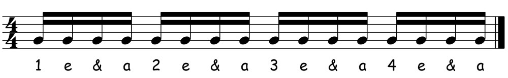music score showing how to count sixteenth notes in 4/4 time