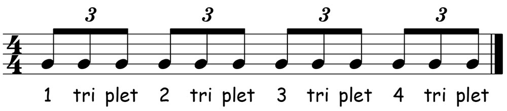 music score showing how to count triplet eighth notes in 4/4 time