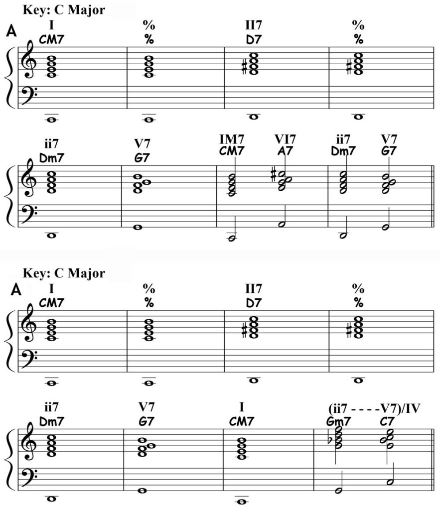 piano music score showing expanded harmonies for the a section of take the a train