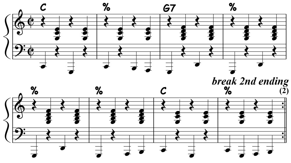 piano score for piano comping pattern for jambalaya