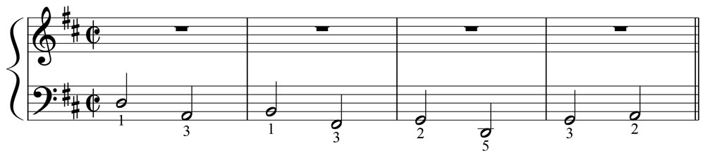 piano music score showing fingering for the bass line to pachelbels canon