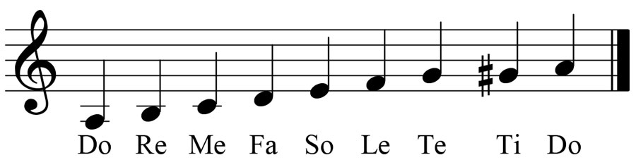 music score showing the key signature and leading tone for the key of a minor