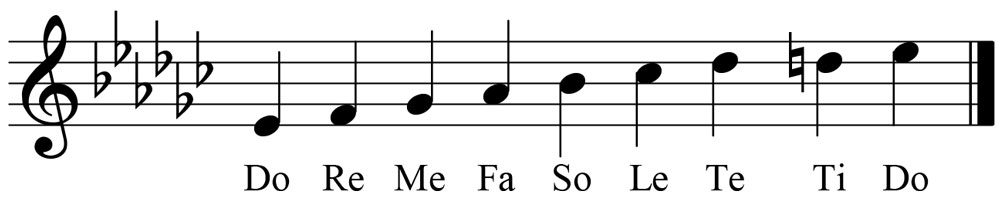 music score showing the key signature and leading tone for the key of e flat minor