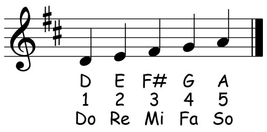 music notation for the d major pentascale showing the letter names scale degrees and solfege