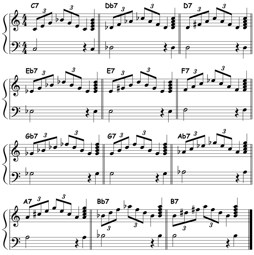 piano music notation for dominant 7th chords in all spellings