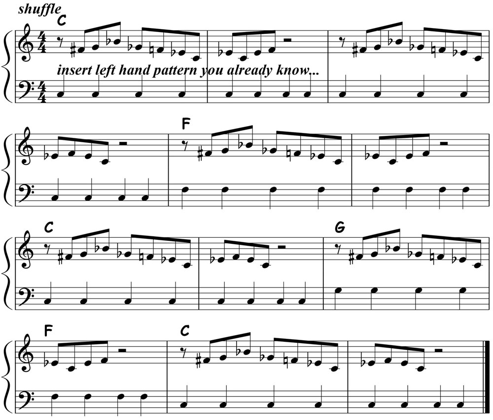 music notation for blues piano lick 002