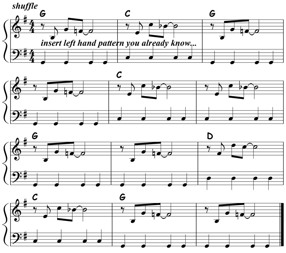 music notation for blues piano lick 003