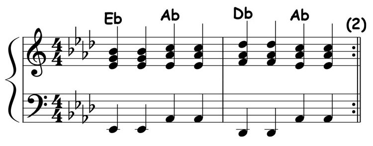 music notation for the 1-4-flat7-4 chord progression in the key of e flat