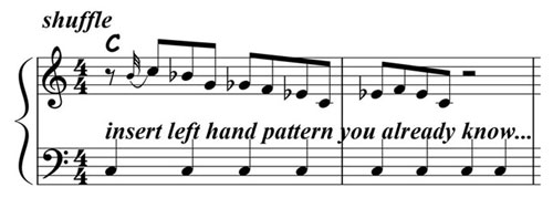music notation for blues piano lick 001