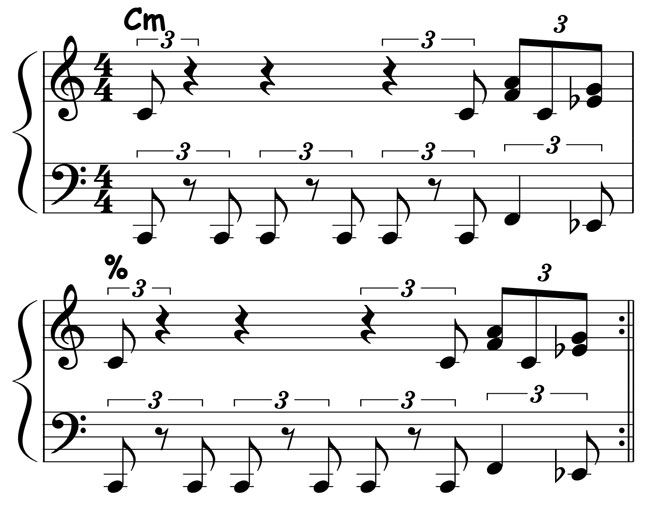 music notation for blues piano lick 006