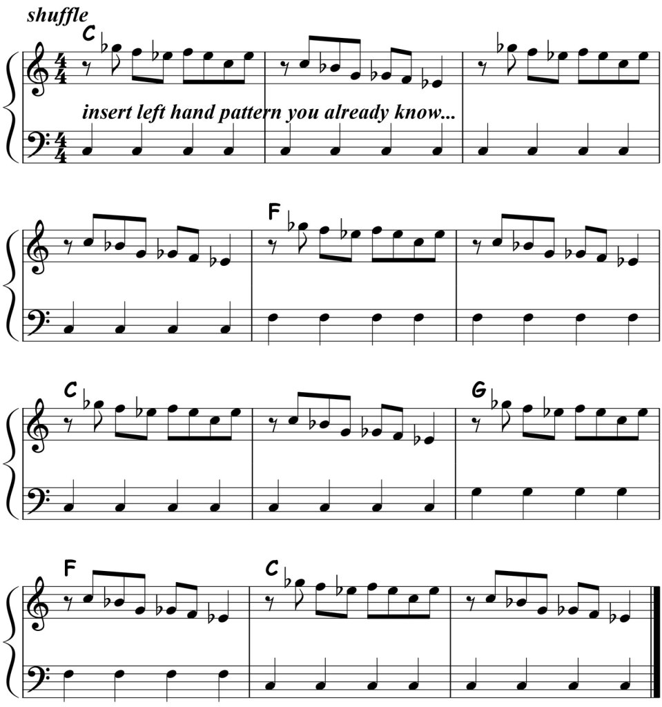 music notation for blues piano lick 007